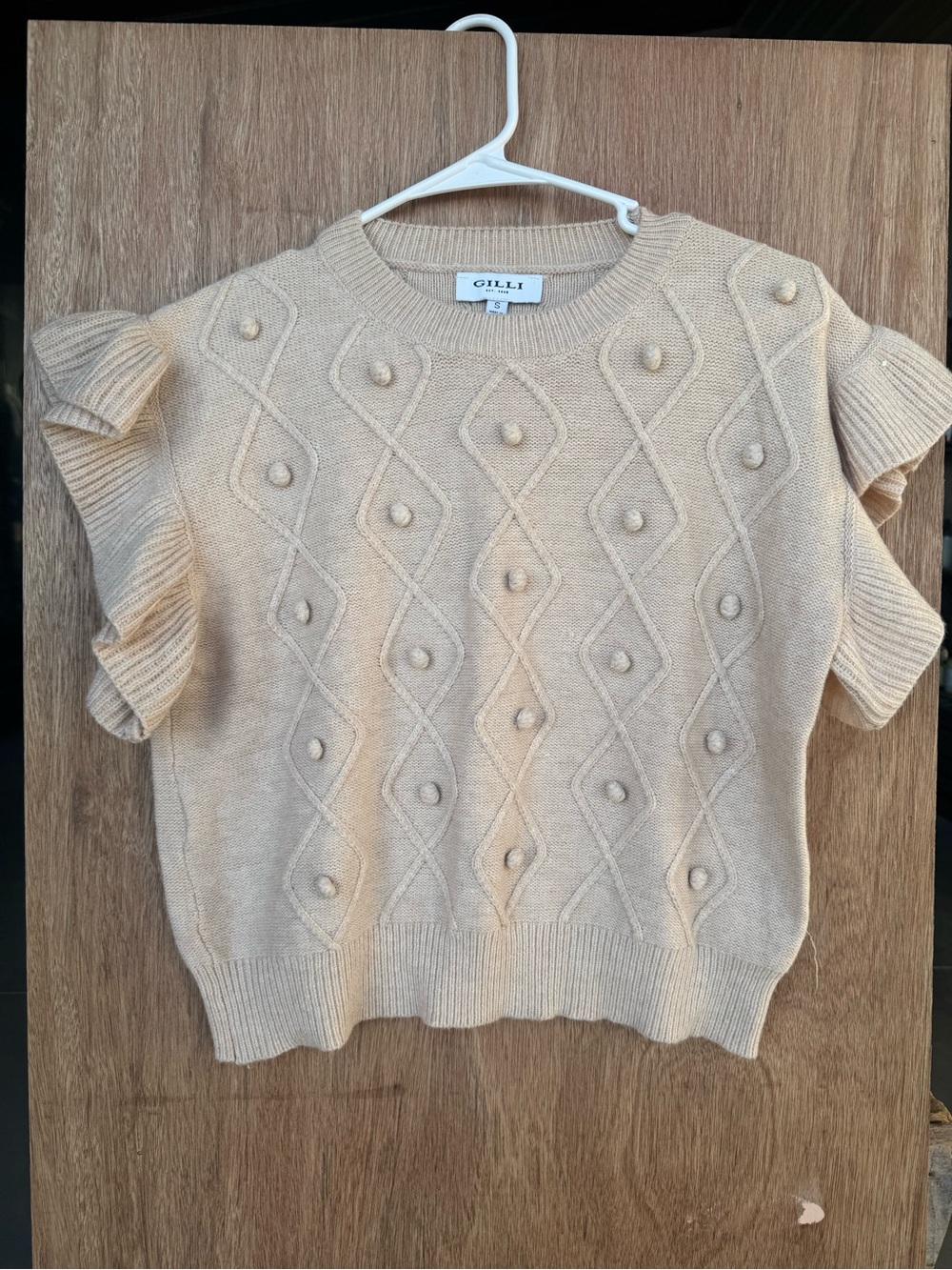 Gilli Beige Textured Knit Sweater Top with Ruffle Sleeves